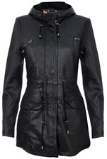 Women's Black Leather Hooded Parker Jacket Multi-pocket Trench Coat