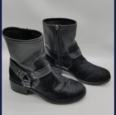 LORI GOLDSTEIN Wilda Cow Hair Biker Boots 8.5 M Black Harness Strap