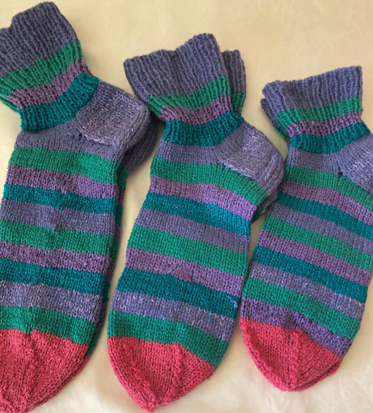 100% Cashmere Handmade Purple Green Pink Striped Soft Bed Socks Women's S M L