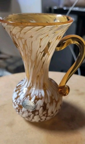 Gold weiße mundgeblasene Kunstglas Vase Krug Griff 7" von Rainbow Huntington USA - Bild 2 von 7