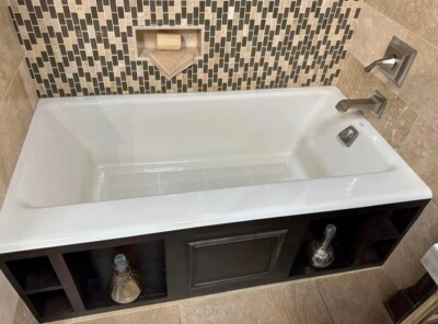New Kohler Highbridge Right Hand Tub in Biscuit Color with Custom Wood Font