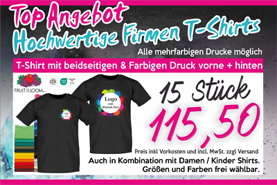 15 Firmen T-Shirts schwarz + Farbiger Druck Logo Wunsch Aufdruck vorne + hinten