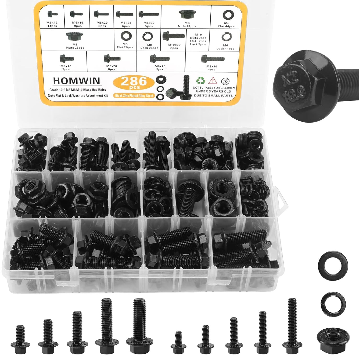 286Pcs Flange Metric Bolt Assortment, M6-1.0, M8-1.25, M10-1.5 (12Mm to 30Mm) As