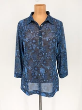 Daily Sports Tennis Top Blue Floral Mesh Snap Collar Active Shirt Women’s Large