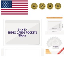 Clear Adhesive 3" x 5" Index Card Pockets With Top Open Loading, 50 Pack, Pla...