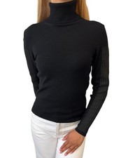 CHANEL Vintage P42169 CC Logo Turtleneck Knit Sweater Top #34 Stripe Black Wool