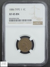 1886 Type 1 Indian Head Copper Cent 1C NGC XF 45 BN