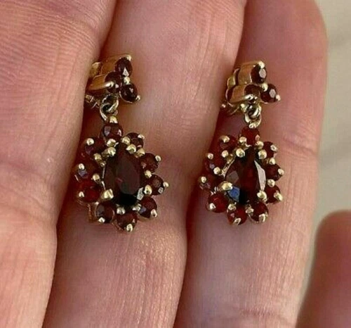 3 Ct Pear Cut Simulated Garnet Halo Drop Dangle Earrings 14k Yellow Gold Plated