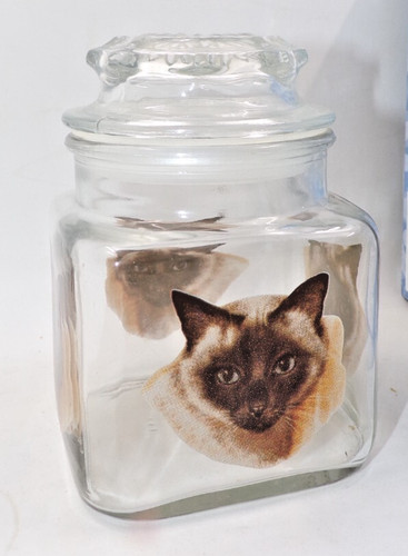 Vintage Siamese Cat Glass Canister Treat Jar W/ Lid
