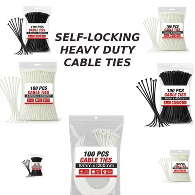LEDSONE 100 Pcs X Black / White CABLE TIES NYLON PLASTIC HEAVY DUTY ZIP TIE WRAPS UK