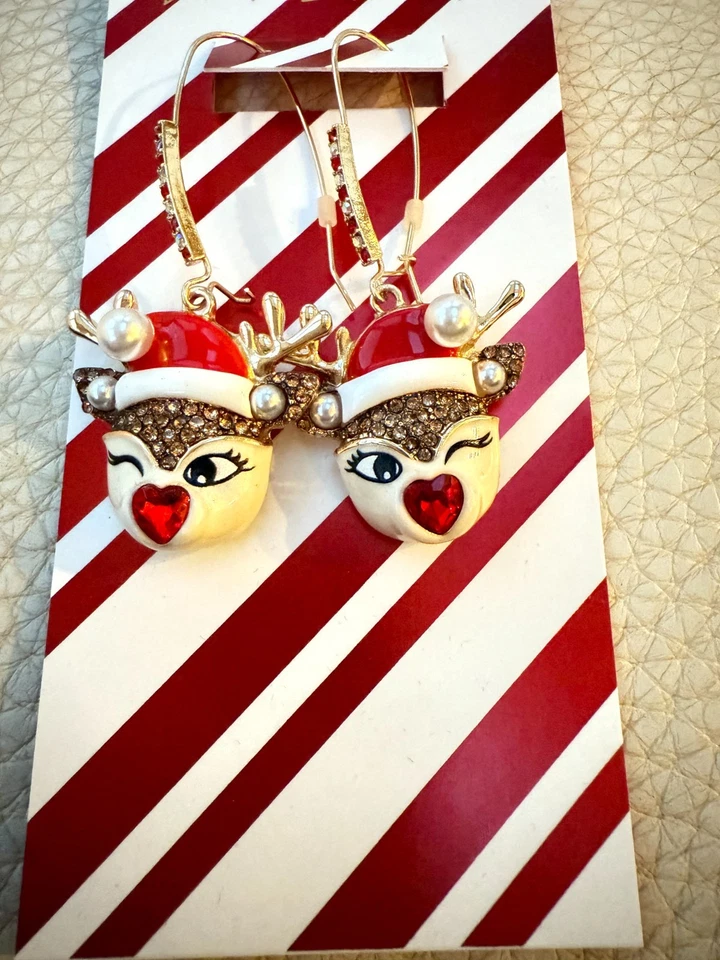 NWT BETSEY JOHNSON WINKING REINDEER EARRINGS HOLIDAY CHRISTMAS - Image 2 of 4