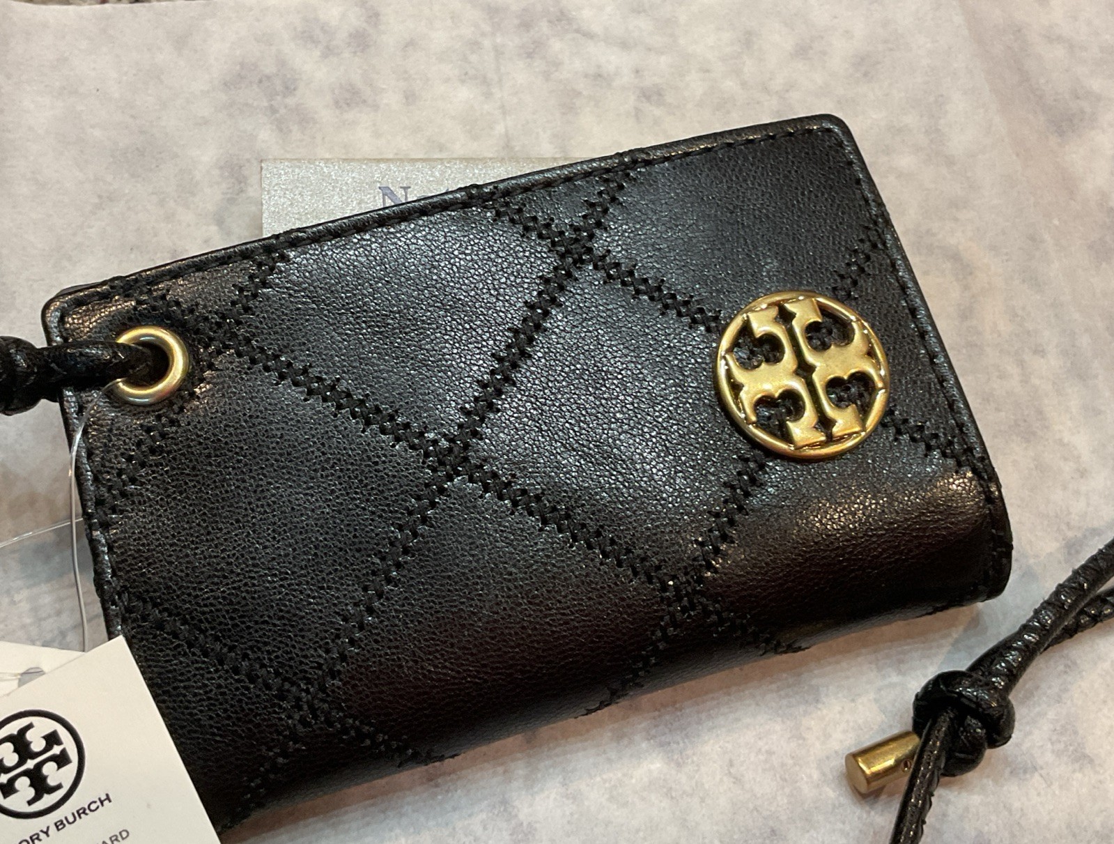 TORY BURCH Willa Lanyard Card Case in black quilted leather 151010 MSRP $148 NWT