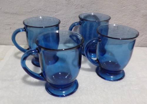 Anchor Hocking Cobalt Blue Glass Footed 16oz Coffee Cafe Mugs USA Set of 4