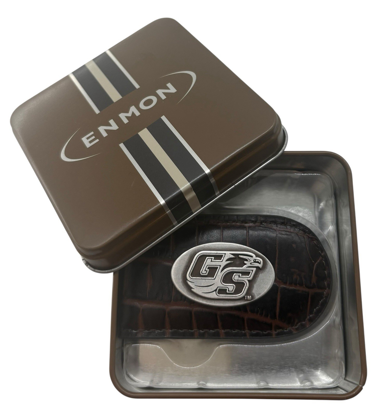 Georgia Southern Eagles Genuine Leather Money Clip in Brown-Enmon-New in Tin