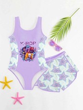 Girls K-Pop demon hunter Inspired Swimsuit Set One Piece Swimwear Matching Skirt