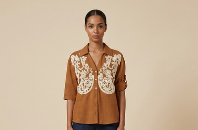 MEISÏE Damen Hemd senfbraun mit Stickerei weiß Boho Chic