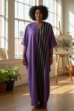 Elegant Purple Kaftan Boubou Gown Style with Vertical Aso Oke Panel Free size