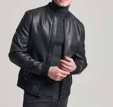 Men's Black Lambskin Leather Bomber Jacket Regular Fit Casual Winter Outerwear