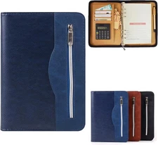 Leather A5 Padfolio with Calculator Zippered Business Portfolio Folder Organizer