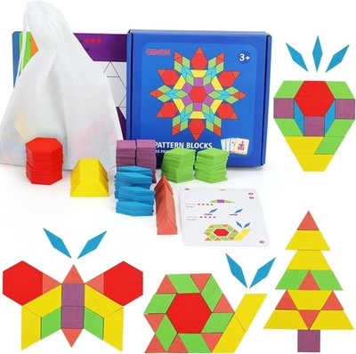 Fun Wooden Pattern Blocks Set for Shape Recognition and Imagination Development