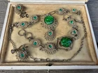 VTG COSTUME JEWELRY TWISTED WIRE MESH BRACELET NECKLACE EARRINGS SET GREEN GLASS