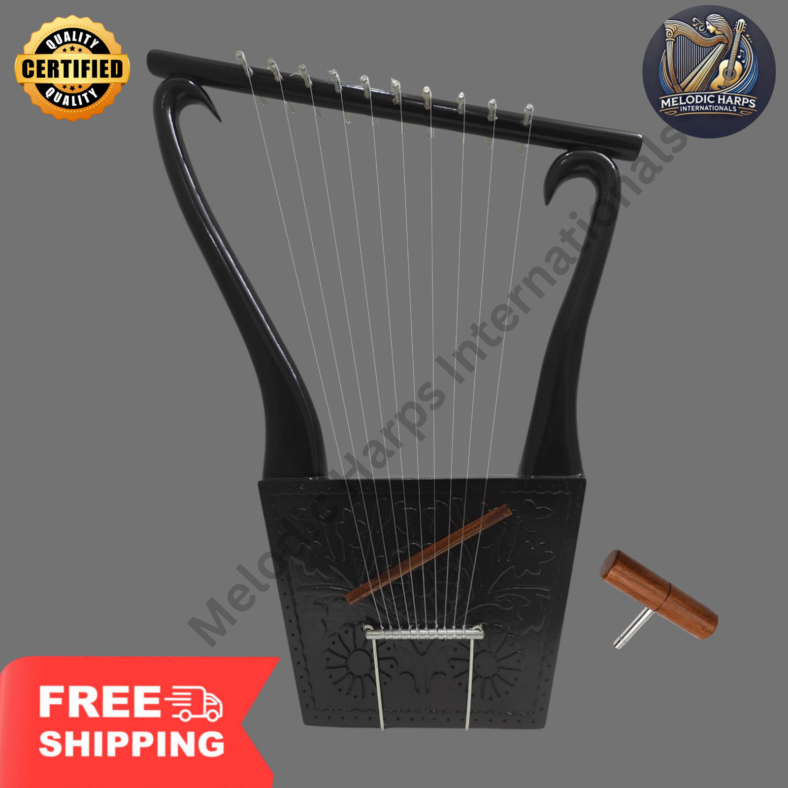 10 String King David Lyre Harp | Handmade Black Engraved Biblical Harp with Bag