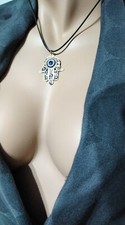 Hamsa hand good luck evil eye pendant gold tone leather cord necklace