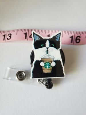 BLACK CAT STARBUCKS Badge Reel, Teacher, Nurse, ID Badge, COFFEE, Frap, Yummy