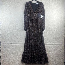 NWT Mac Duggal Womens Black Floral Long Sleeve Deep V-Neck Tiered Gown Size 2