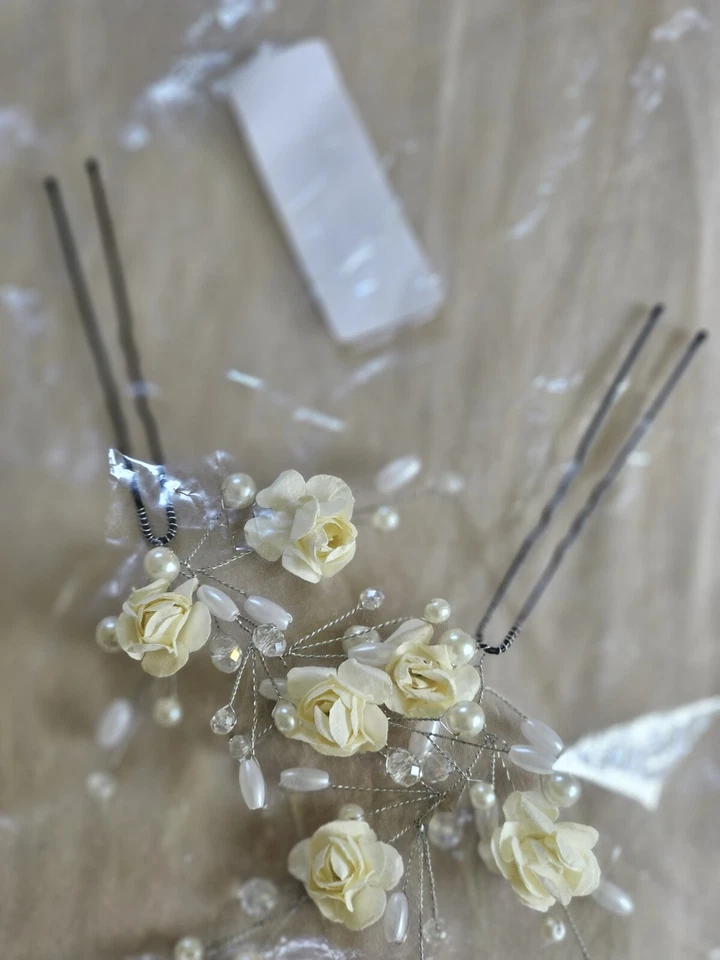 Alfileres florales para el cabello nupcial, marfil rosa perla bobby, estilo vintage, juego de 2 Foto 3 de 4