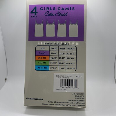  Ｏ－１ Cherokee Girl's 4 Pack Soft Cotton Cami Spaghetti Strap Tank Tops