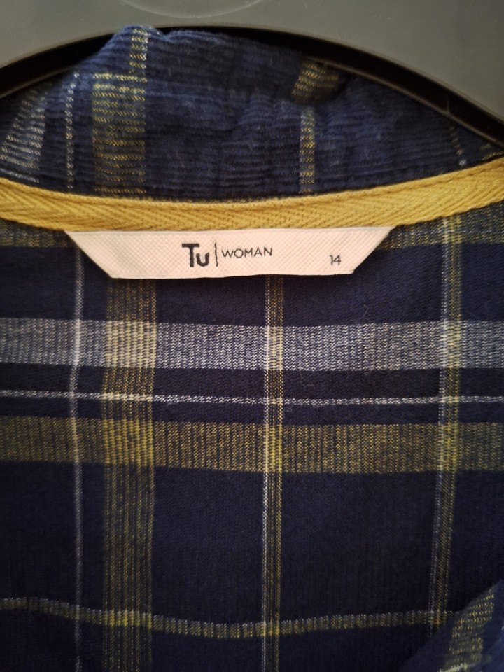 Navy & Mustard Yellow Check Fine Needlecord Shirt Dress With Pockets Tu