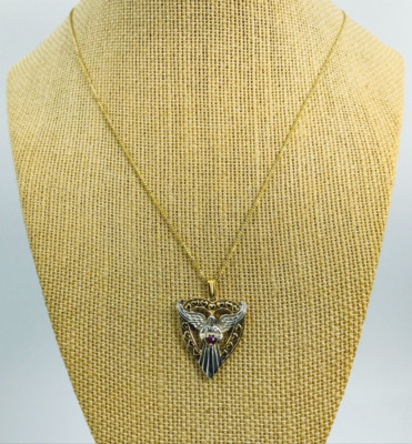 Vintage 925 Sterling Silver Angel In Heart Real Ruby Pendant Necklace 18'' CO