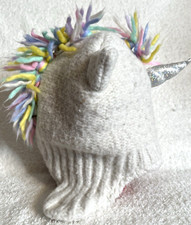 Hat White Unicorn 2-5T Silver Horn Colored Mane Knit Pullon Ear Flaps