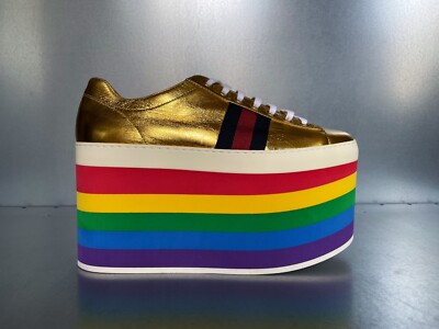 GUCCI RUNWAY  PEGGY  GOLD METALLIC LEATHER RAINBOW PLATFORM SHOES
