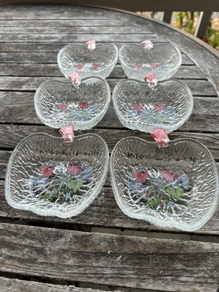5 cuencos de postre de ensalada de manzana de vidrio italiano texturizado vintage flores pintadas a mano Foto 4 de 4