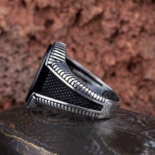 925 Argento Sterling Fatto a Mano Uomo Ossidato Anello Naturale Onice Nera Gemma - Immagine 3 di 4