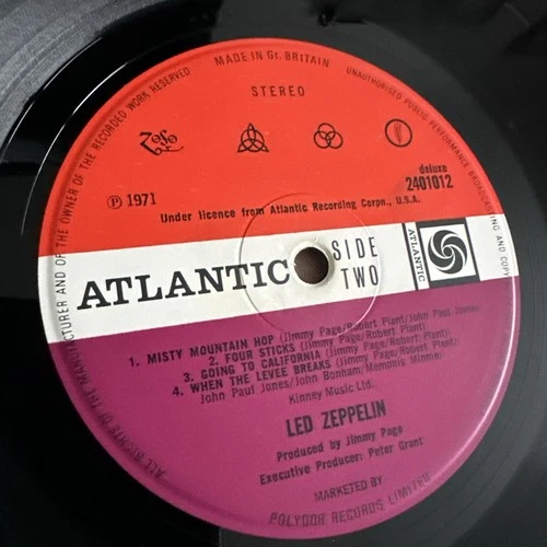 LED ZEPPELIN IV 1971 RARE v2 UK VINYL LP RED/PLUM PETER GRANT labels; A3/B3
