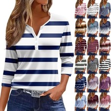 LADIES TOPS BUTTON V NECK LOOSE CASUAL STRIPED T-SHIRTS BLOUSE Tee PLUS SIZE