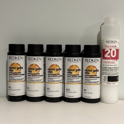 Redken Color Gels Oils Permanent Liquid Ammonia Free Hair Color:5 Bottles+ 20vol