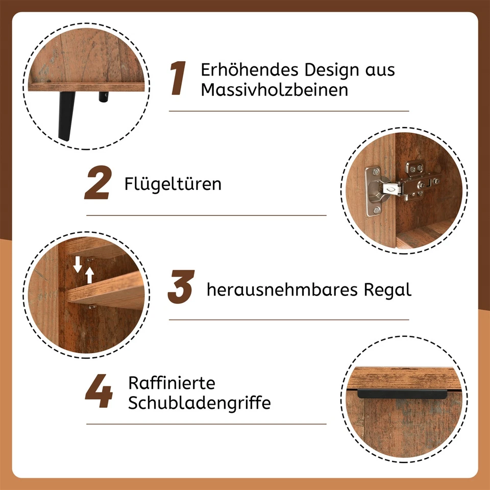 Vintage Sideboard Holz Anriche Kommode mit 3 Schubladen TV Schrank Highboard - Bild 4 von 4