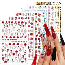 6 Sheets Flower Nail Art Stickers 3D Blue Pink Red Rose Nail Decals Spring Su...