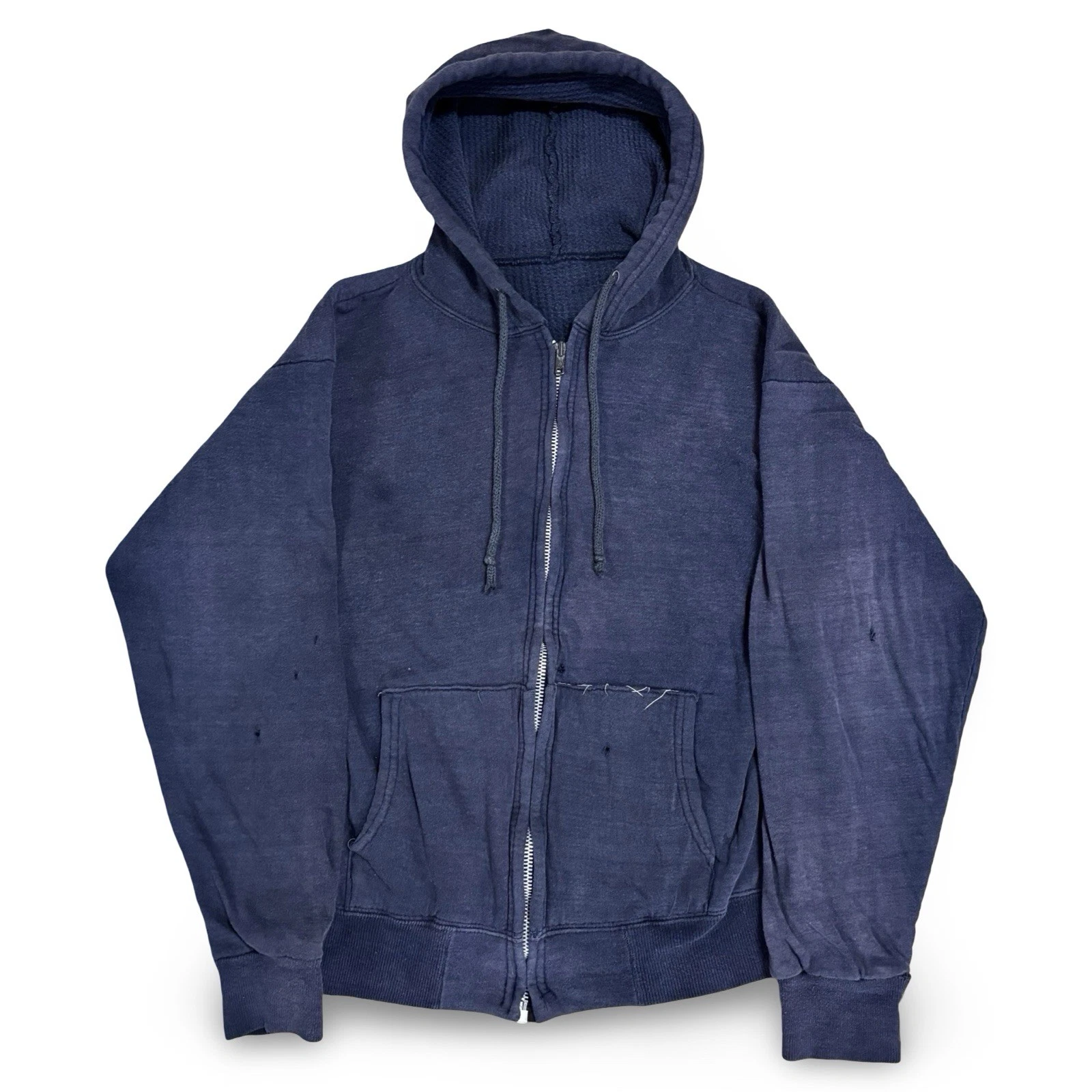 Vintage 60s Sun Faded Blue Thermal Lined Waffle Double Face Zip Up Hoodie 18x21