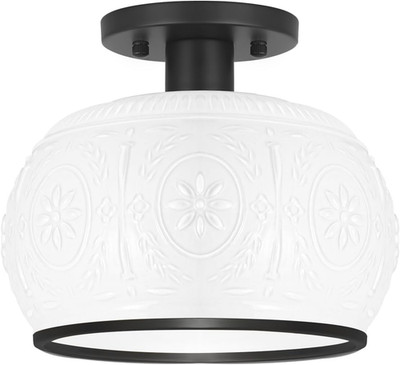 Matte Black Semi Flush Mount Ceiling Light with Milk Glass Shade, Hallway Lighti