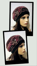 handmade crochet womans flower hat beanie lovely red black puffs