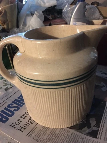 Vintage Hull Yellow Ware Pitcher Blue Bands 7 1/2” Tall 9” Wide Including Handle