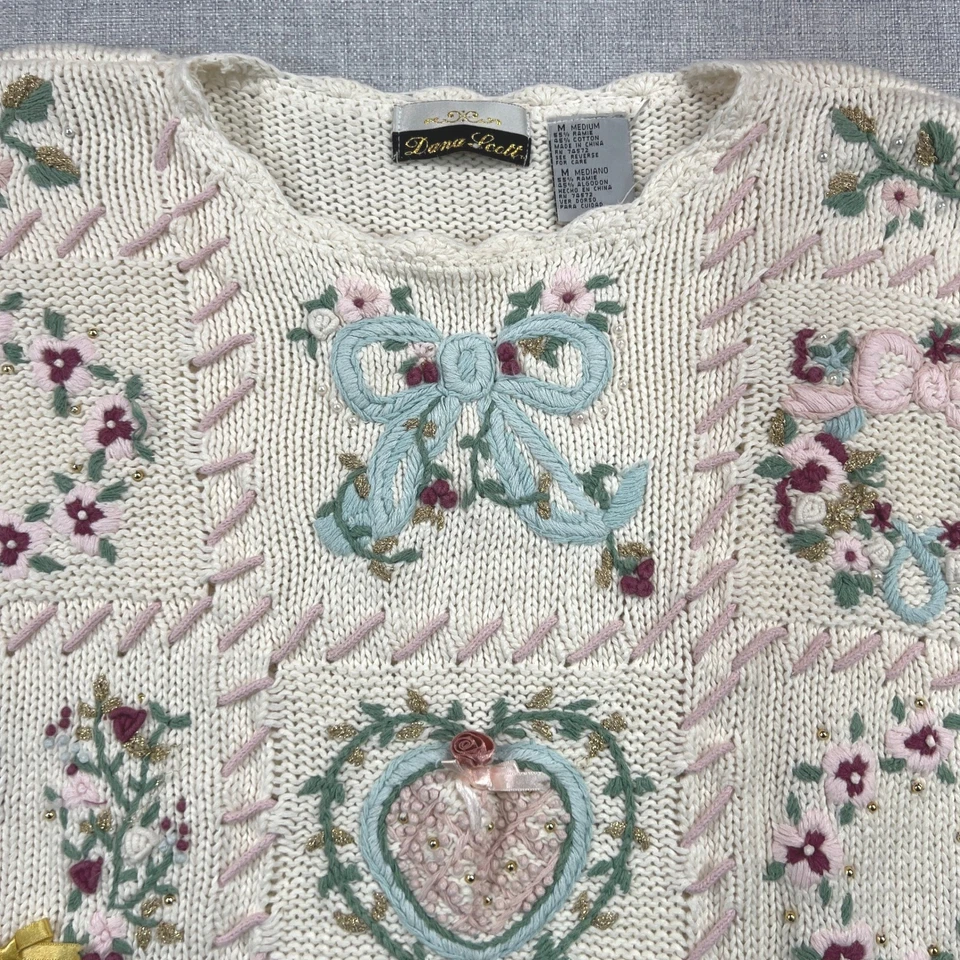 Suéter De Colección Años 90 Dana Scott Floral Corazón Lazo Patchwork Para Mujer M Cottagecore Foto 2 de 4