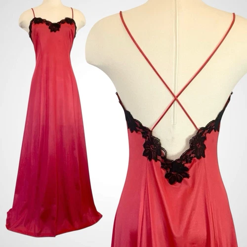 UNDERCOVER Maxi abito slip vintage sottocoperta anni 80 nylon setoso rosso nero pizzo