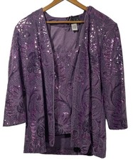 Alex Evening 2 Piece Set Sequin Purple Tank Top  Jacket Sz L Sparkly Event