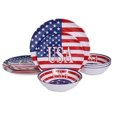 Melamine Dinnerware Set 12Pcs American Flag 4th July Plates Bowls Dishware fo...
